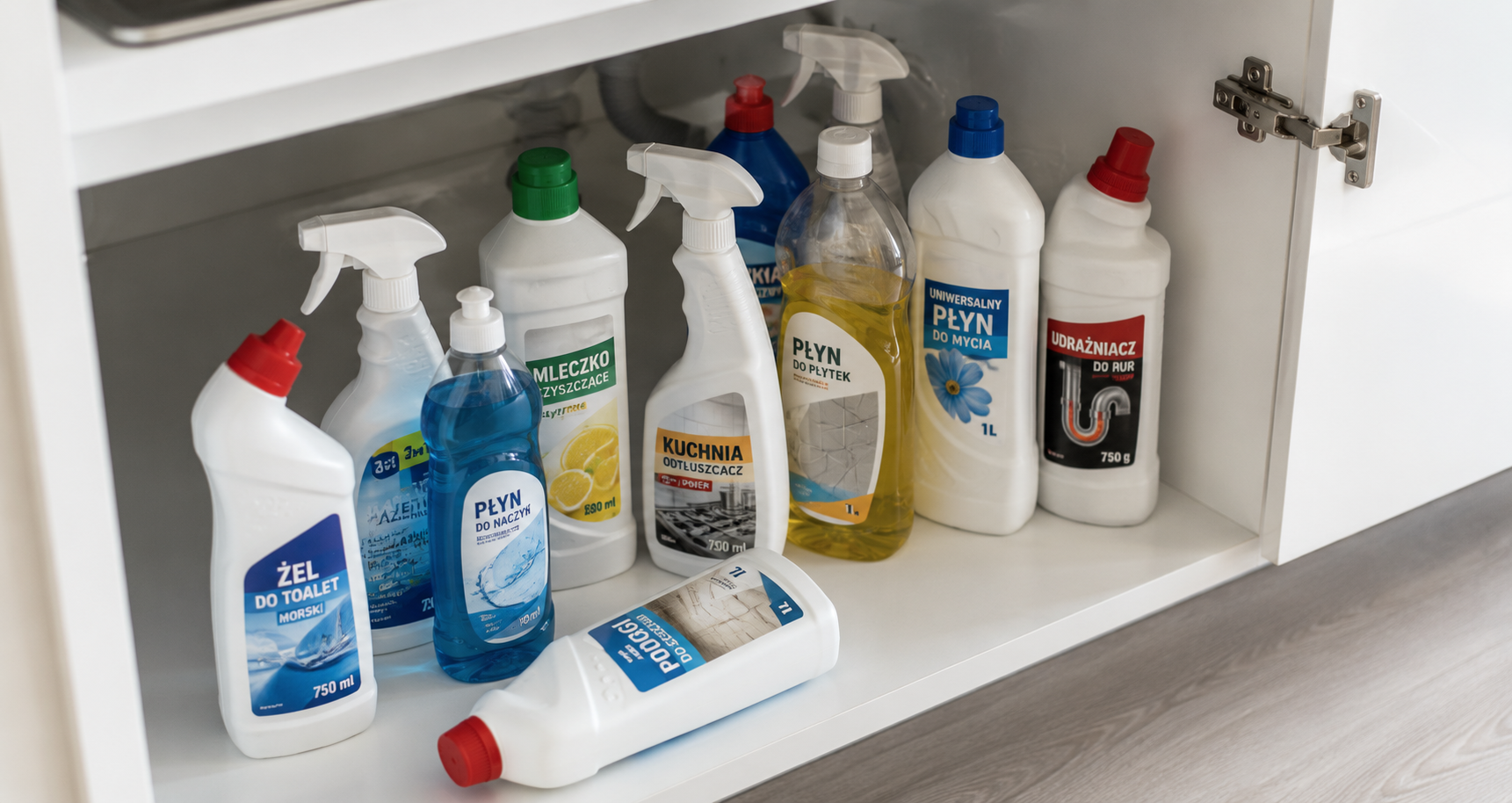 Kilka różnych detergentów do sprzątania